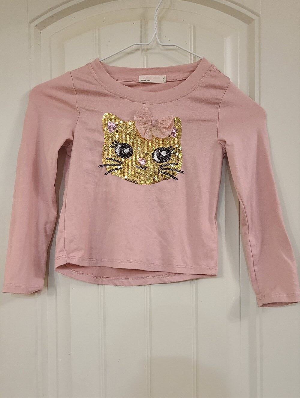 Girls' Young Hearta Pink Sequin Cat Long-Sleeve Top Size 5